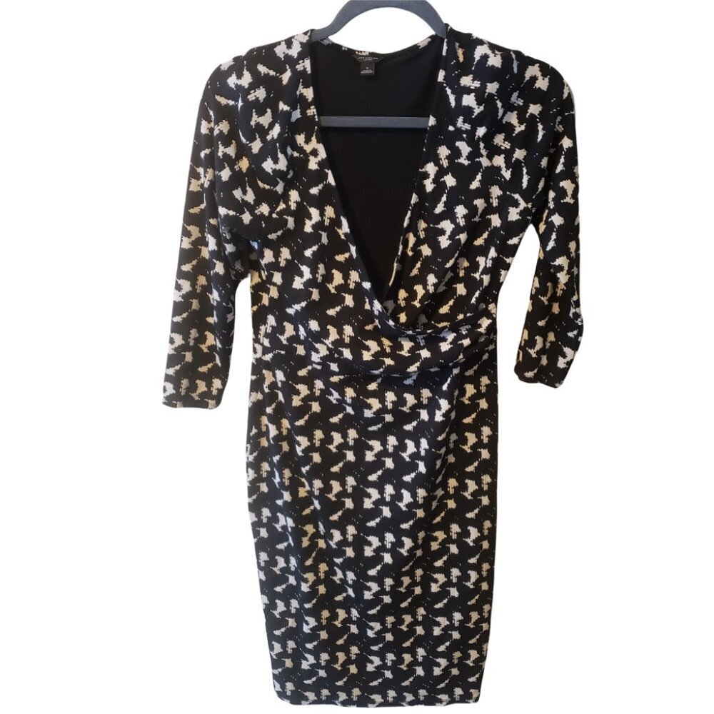 ANN TAYLOR Black White Abstract Print Faux Wrap Midi Dress Size S